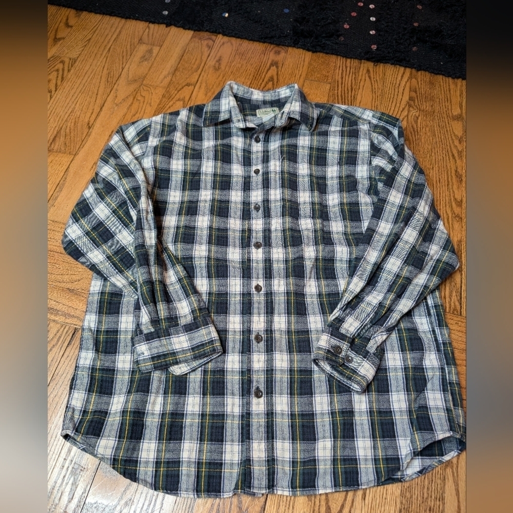 LL Bean Flannel Button Down, Green/White/Yellow, Men's Medium Tall